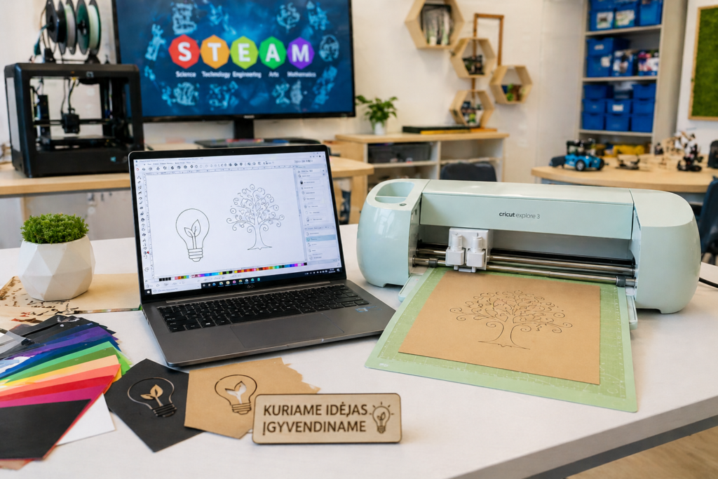 mokytojai dirba su ploteriu ir Inkscape programa STEAM klasėje, kuriamas ir pjaunamas dizainas